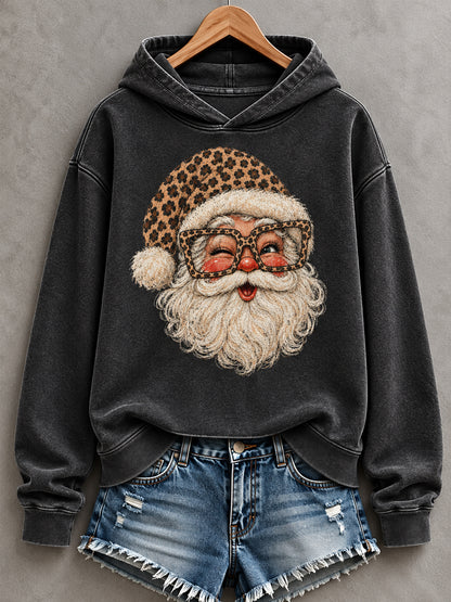 Women's Christmas Santa Claus Leopard Print Casual Hoodie