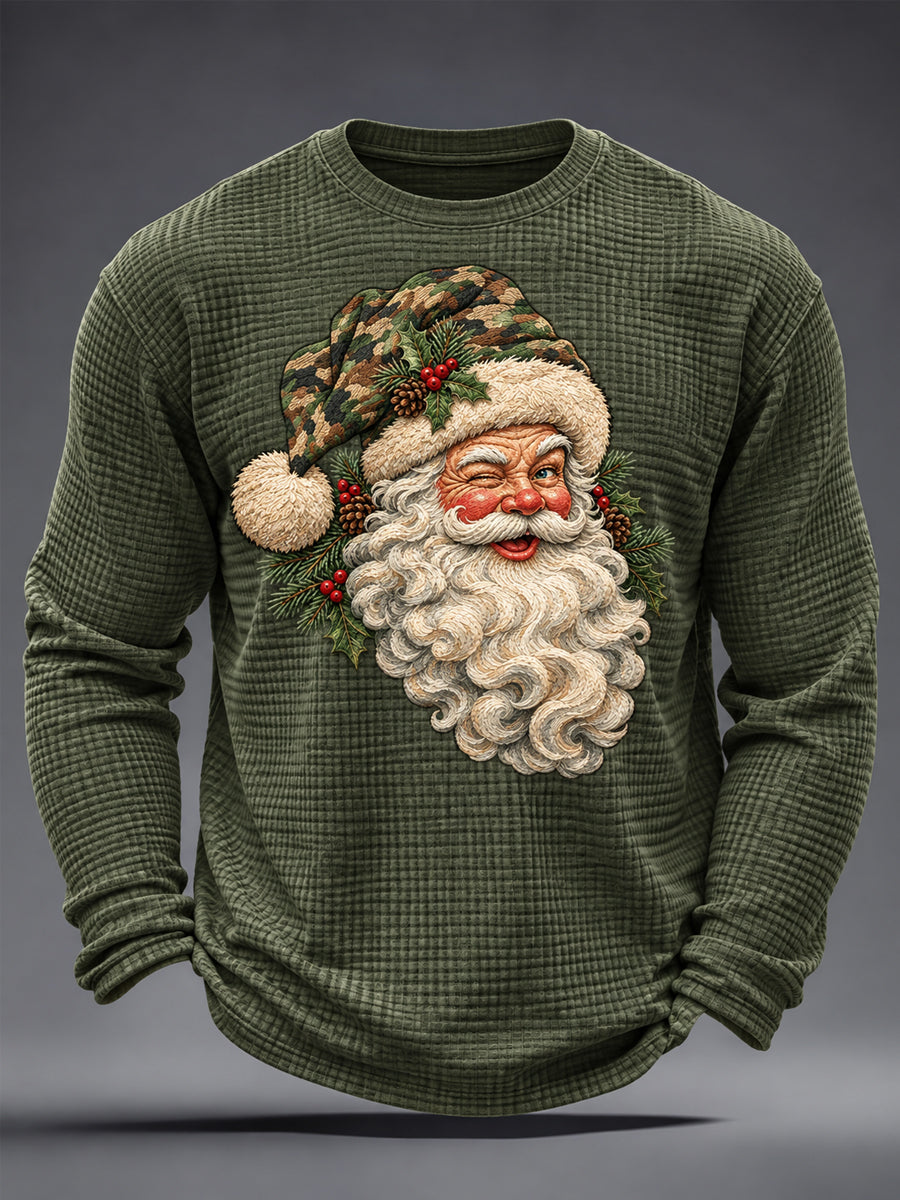 Men's Christmas Camouflage Santa Claus Print Casual Waffle Long Sleeve T-Shirt
