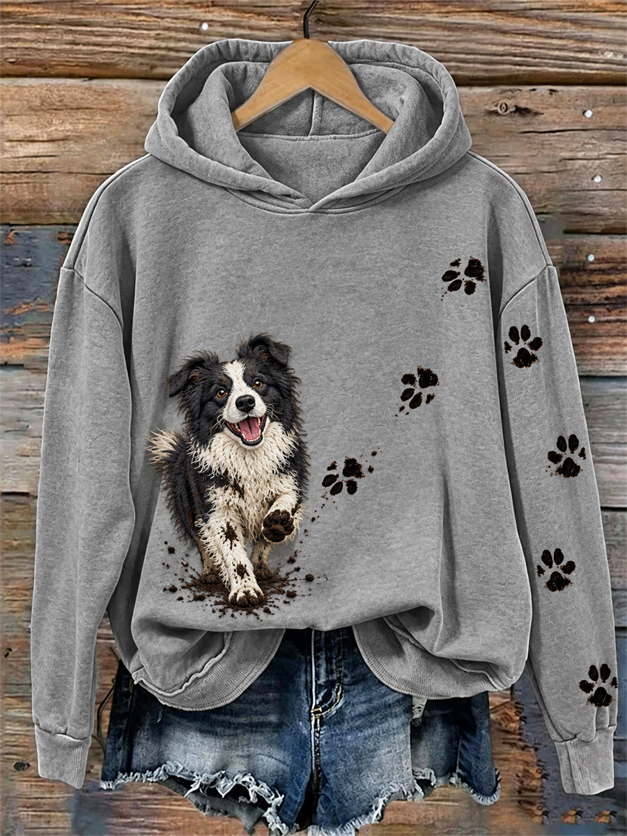 Women's Happy But Dirty Border Collie Dog & Paw Prints Print Cozy Hoodie