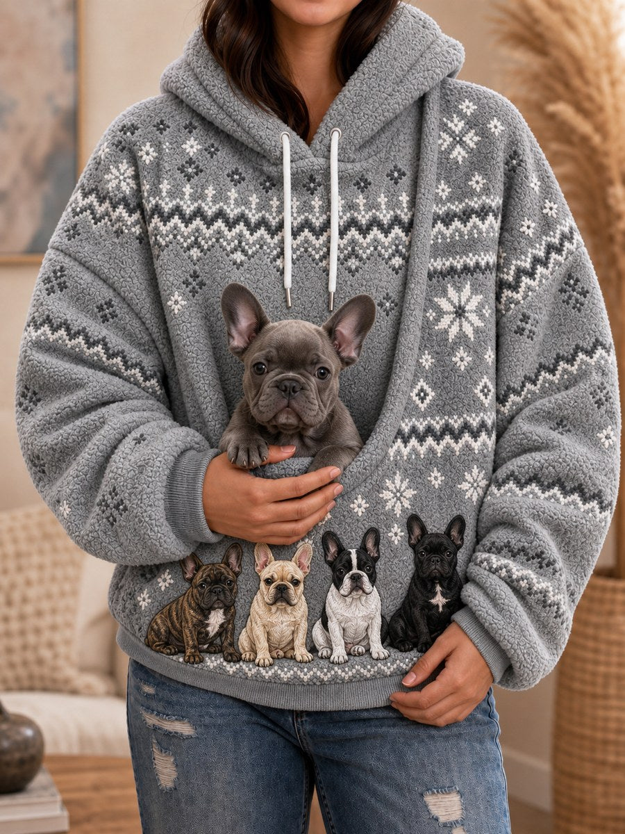 Women's French Bulldogs Isle Pattern Print Big Pocket Cozy Flannel Hoodie