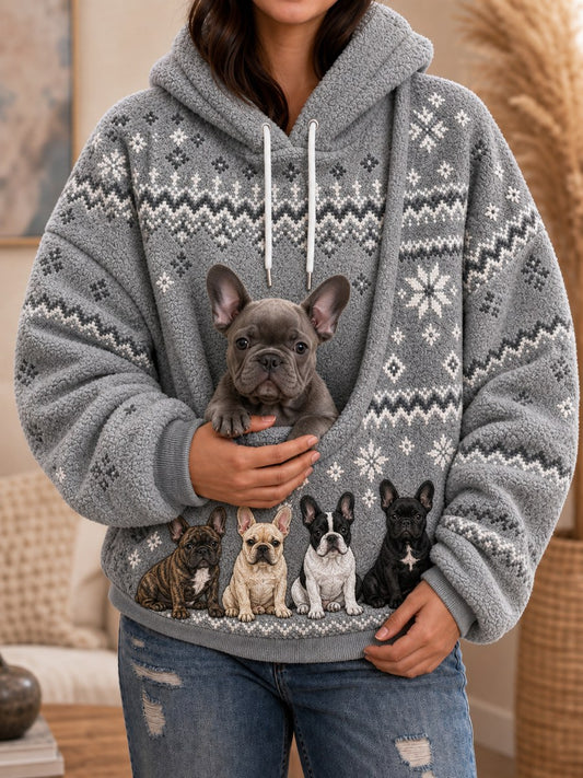 Women's French Bulldogs Isle Pattern Print Big Pocket Cozy Flannel Hoodie