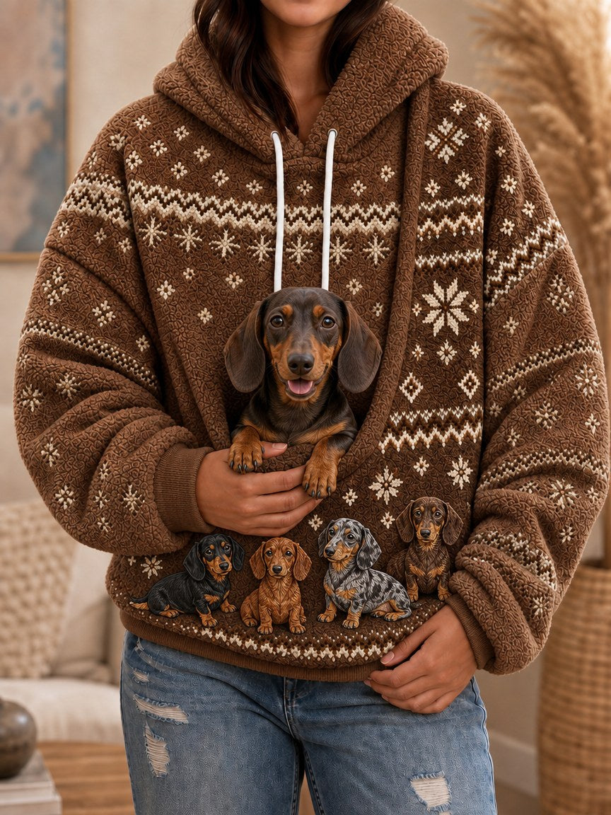 Women's Dachshund Dogs Isle Pattern Print Big Pocket Cozy Flannel Hoodie