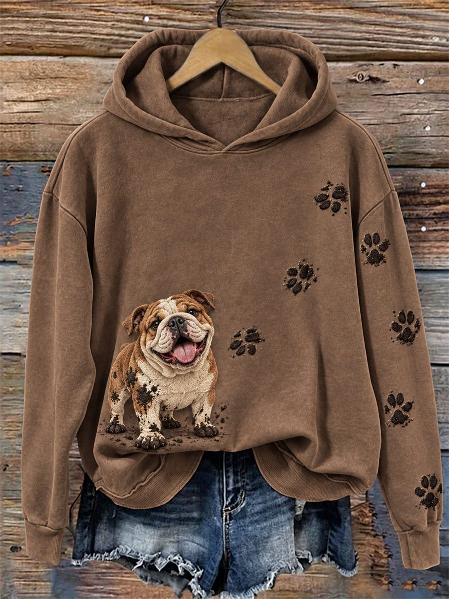 Women's Happy But Dirty Bulldog & Paw Prints Print Cozy Hoodie