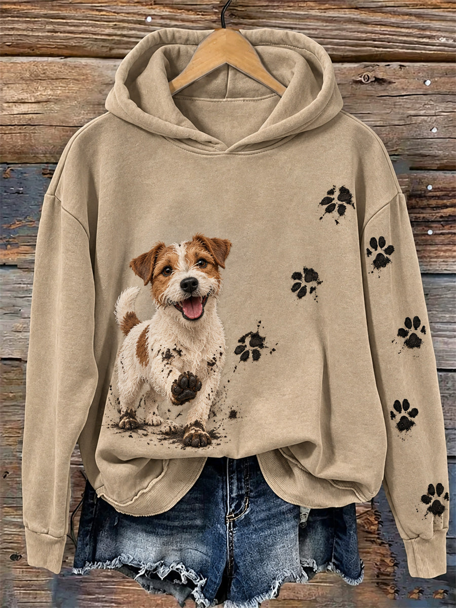 Women's Happy But Dirty Jack Russell Dog & Paw Prints Print Cozy Hoodie