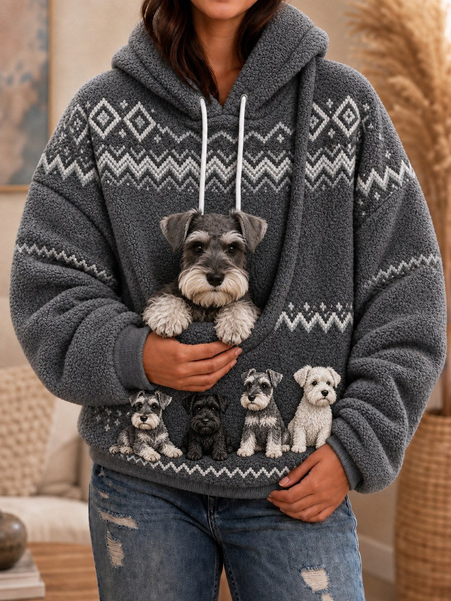 Women's Schnauzer Dogs Isle Pattern Print Big Pocket Cozy Flannel Hoodie