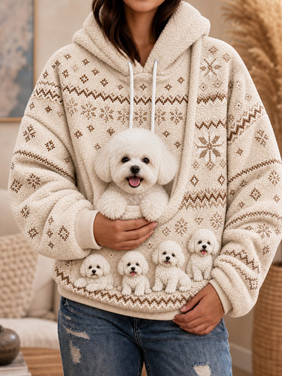 Women's Bichon Dogs Isle Pattern Print Big Pocket Cozy Flannel Hoodie