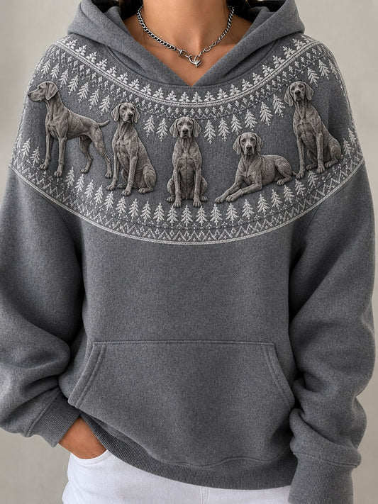 Women's Vintage Weimaraner Dogs Yoke Isle Pattern Print Cozy Hoodie