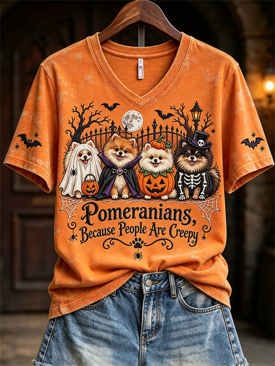 Women's Pomeranians Because People Are Creepy Halloween Dogs Print short-sleeved T-shirt