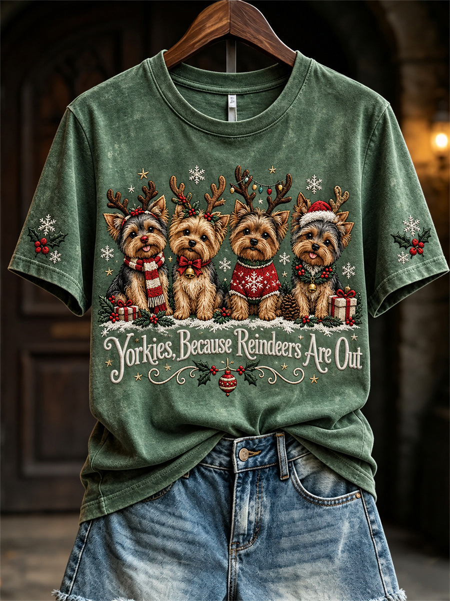 Women's Yorkies Because Reindeers Are Out Christmas Dogs Print short-sleeved T-shirt