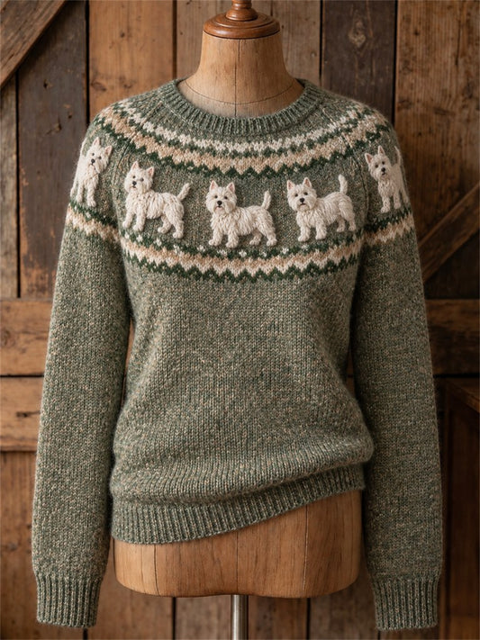 Women's Vintage West Highland White Terrier Dogs Yoke Isle Print crew neck sweater