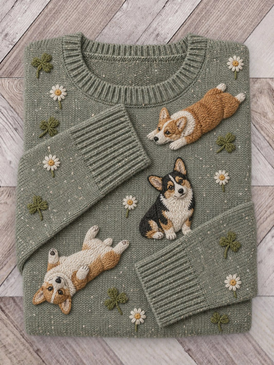 Women's Vintage Corgi Dogs & Daisy Floral Print crew neck sweater