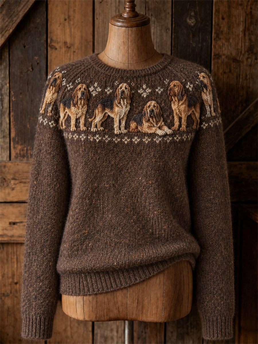 Women's Vintage Bloodhound Dogs Yoke Isle Print crew neck sweater