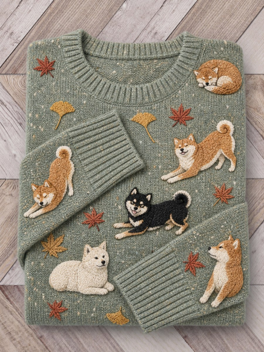Women's Vintage Shiba Inu Dogs & Fall Leaves Print crew neck sweater