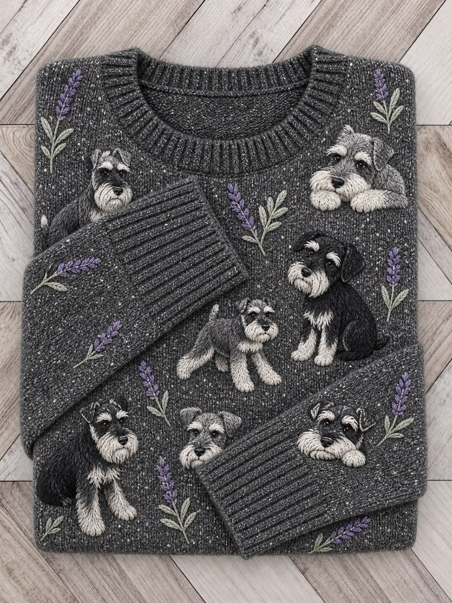 Women's Vintage Schnauzer Dogs & Lavender Floral Print crew neck sweater