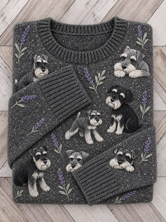 Women's Vintage Schnauzer Dogs & Lavender Floral Print crew neck sweater