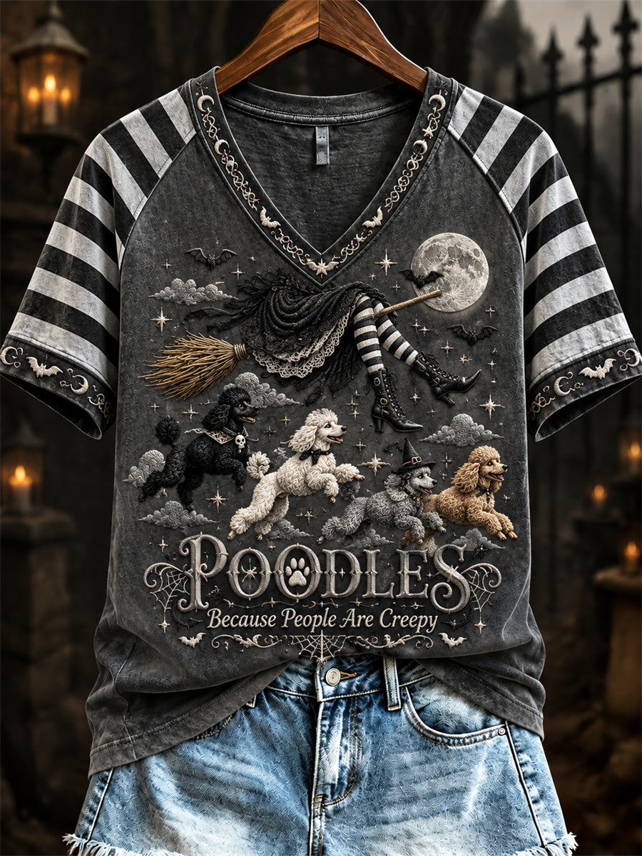 Women's Poodles Because People Are Creepy Halloween Witch & Dogs Print short-sleeved T-shirt