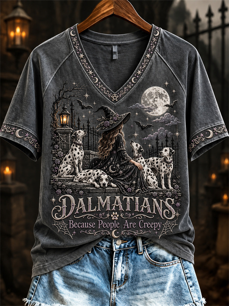 Women's Dalmatians Because People Are Creepy Halloween Witch & Dogs Print short-sleeved T-shirt