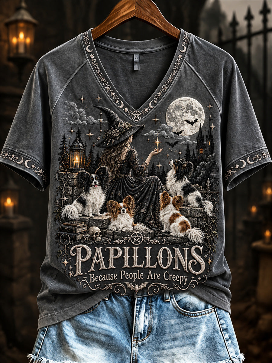 Women's s Papillons Because People Are Creepy Halloween Witch & Dogs Print short-sleeved T-shirt