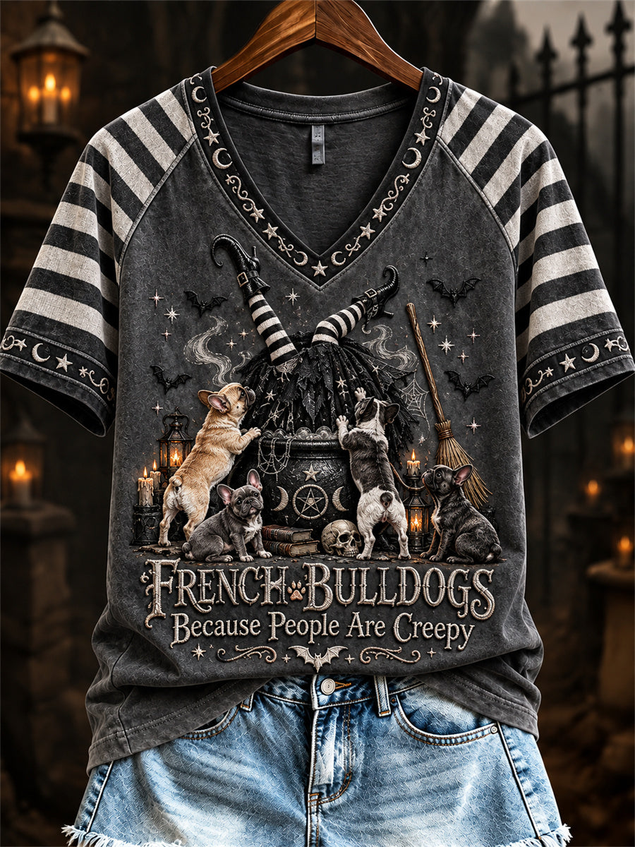 Women's French Bulldogs Because People Are Creepy Halloween Witch & Dogs Print short-sleeved T-shirt
