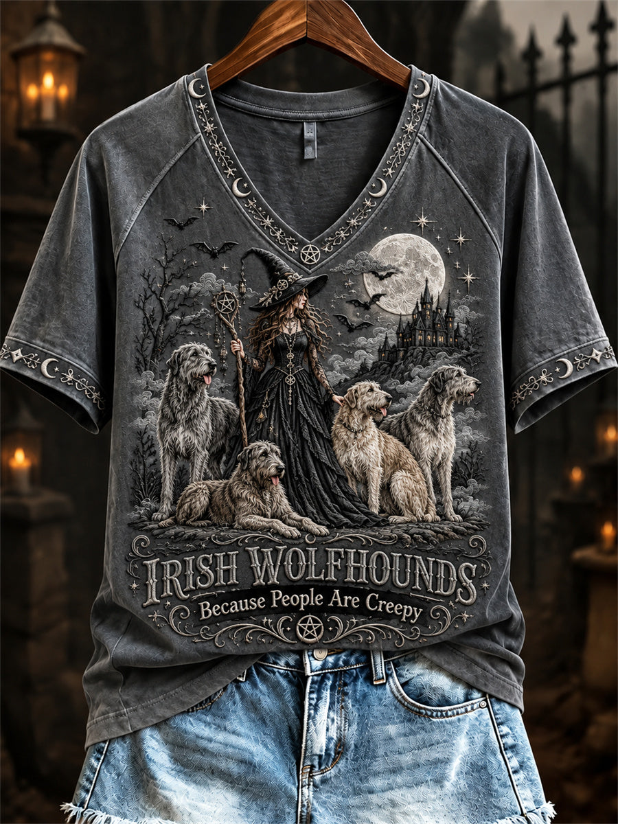 Women's Irish Wolfhounds Because People Are Creepy Halloween Witch & Dogs Print short-sleeved T-shirt