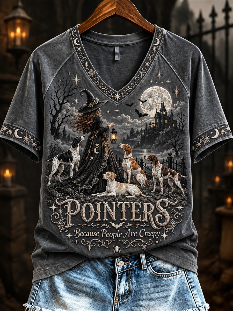 Women's Pointers Because People Are Creepy Halloween Witch & Dogs Print short-sleeved T-shirt