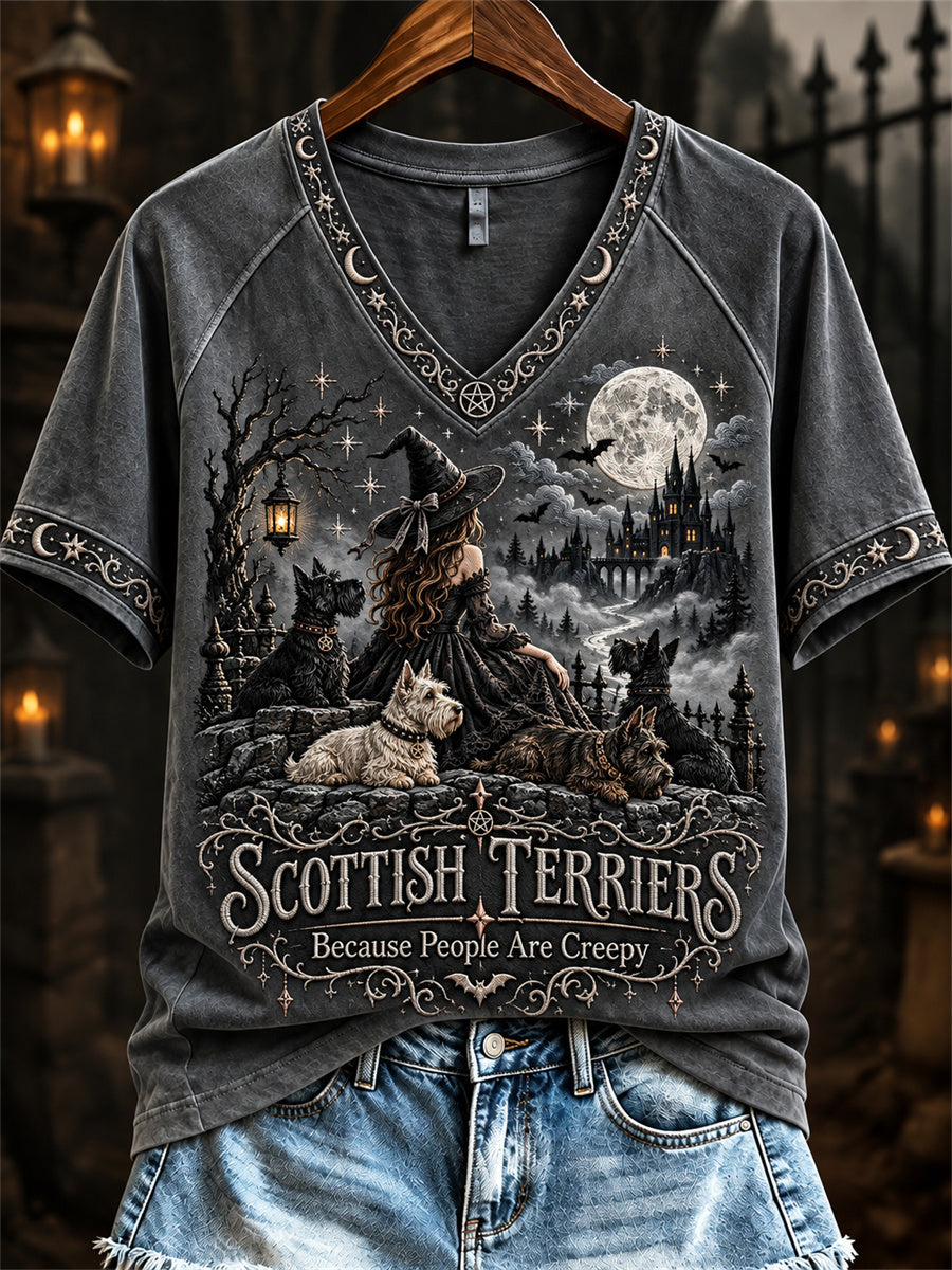 Women's Scottish Terriers Because People Are Creepy Halloween Witch & Dogs Print short-sleeved T-shirt