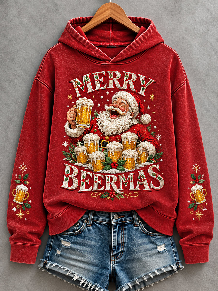 Women's Funny Christmas Merry Beermas Santa Claus Print Casual Hoodie