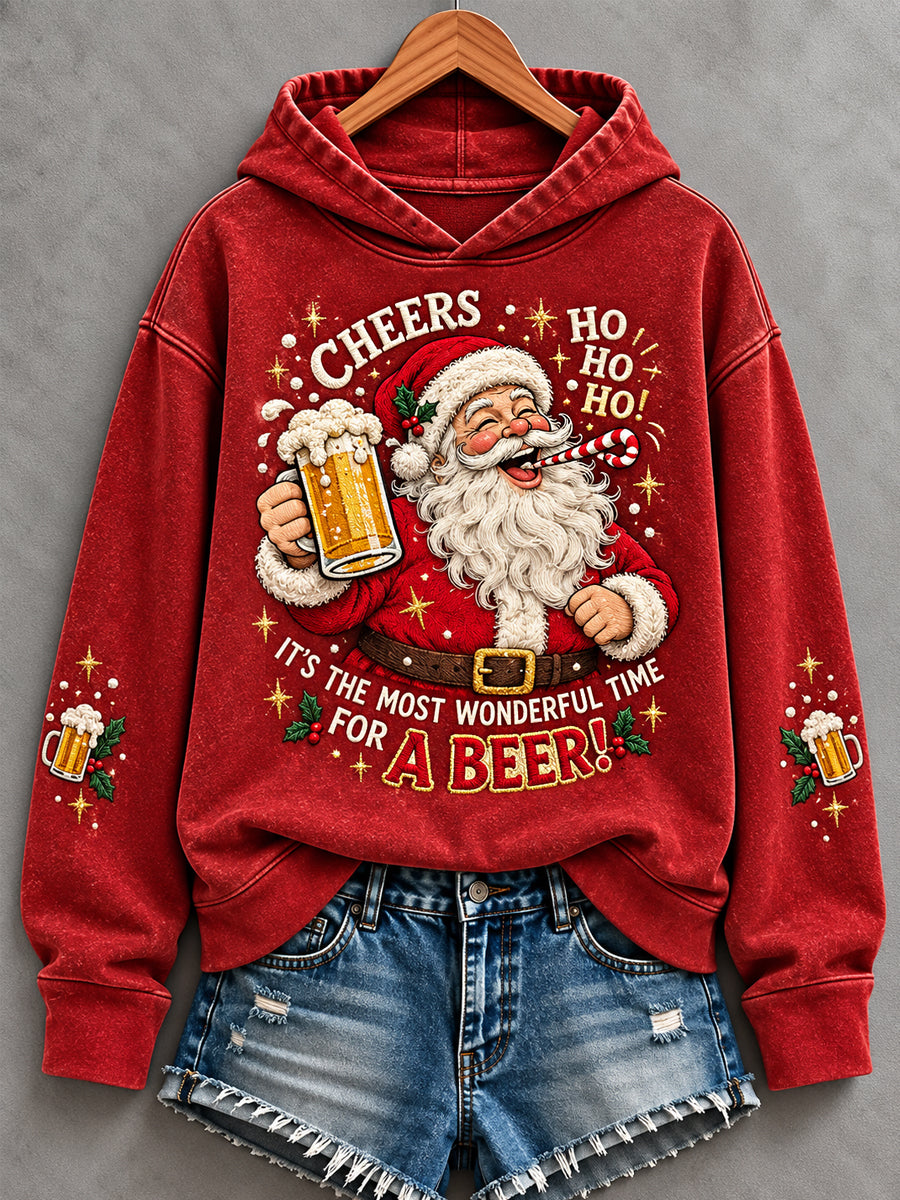 Women's Funny Christmas It‘s The Most Wonderful Time For A Beer! Santa Claus Print Casual Hoodie
