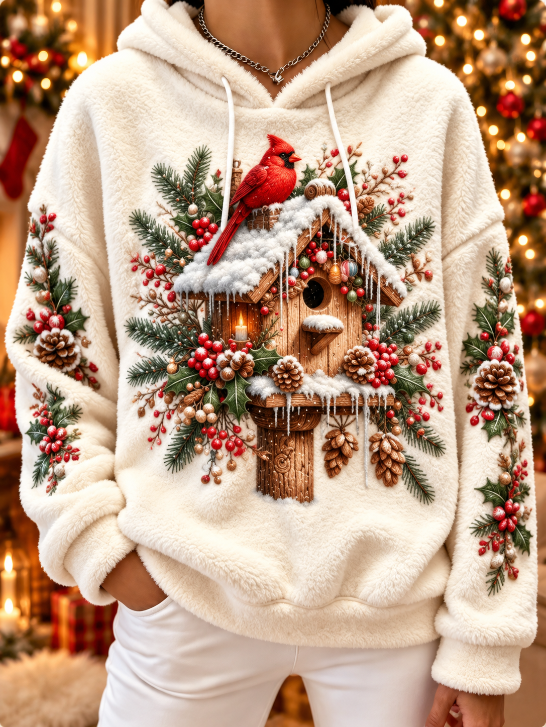 Women's vintage christmas Northern Cardinal Flannel Hoodie