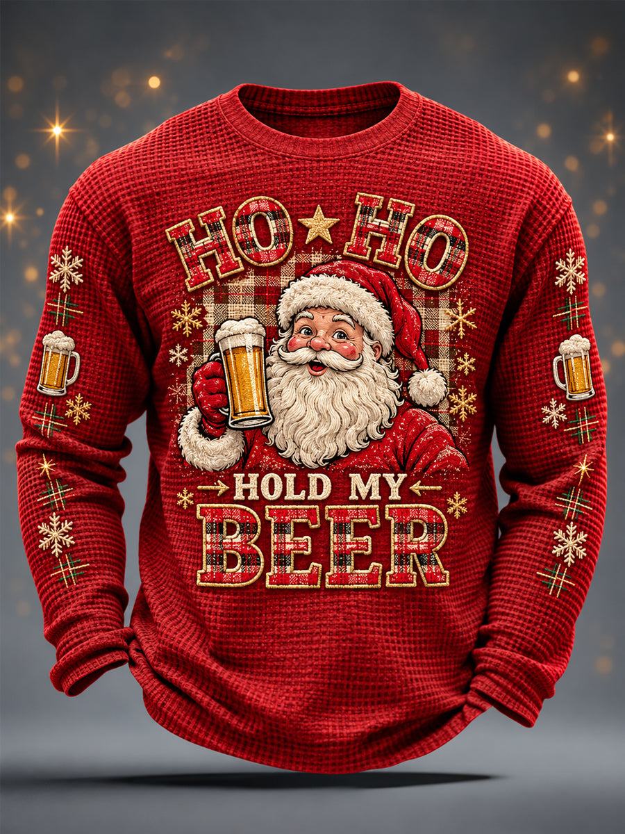Men's Funny Christmas Ho Ho Hold My Beer Santa Claus Print Casual Waffle Long Sleeve T-Shirt