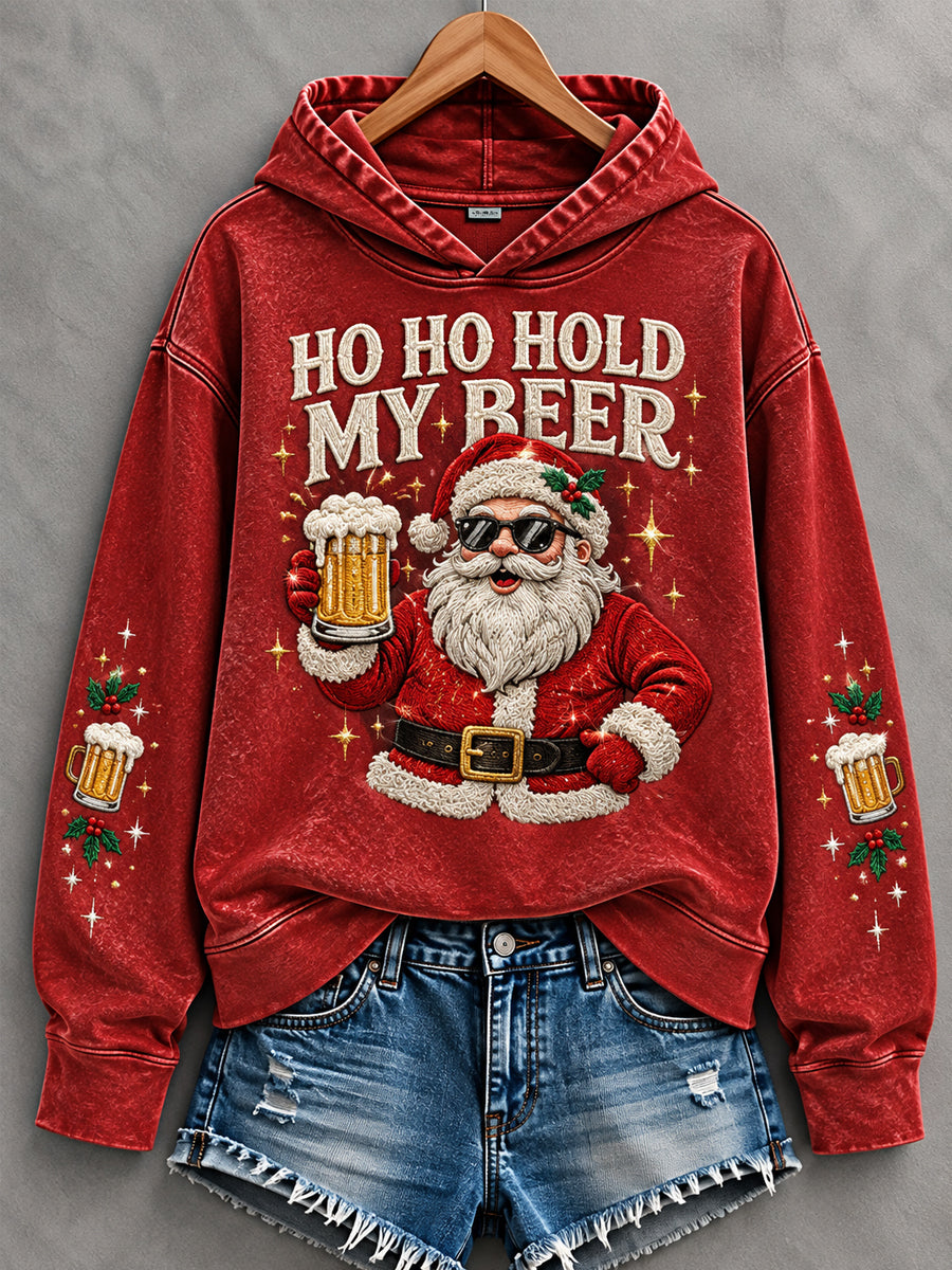 Women's Funny Christmas Ho Ho Hold My Beer Santa Claus Print Casual Hoodie