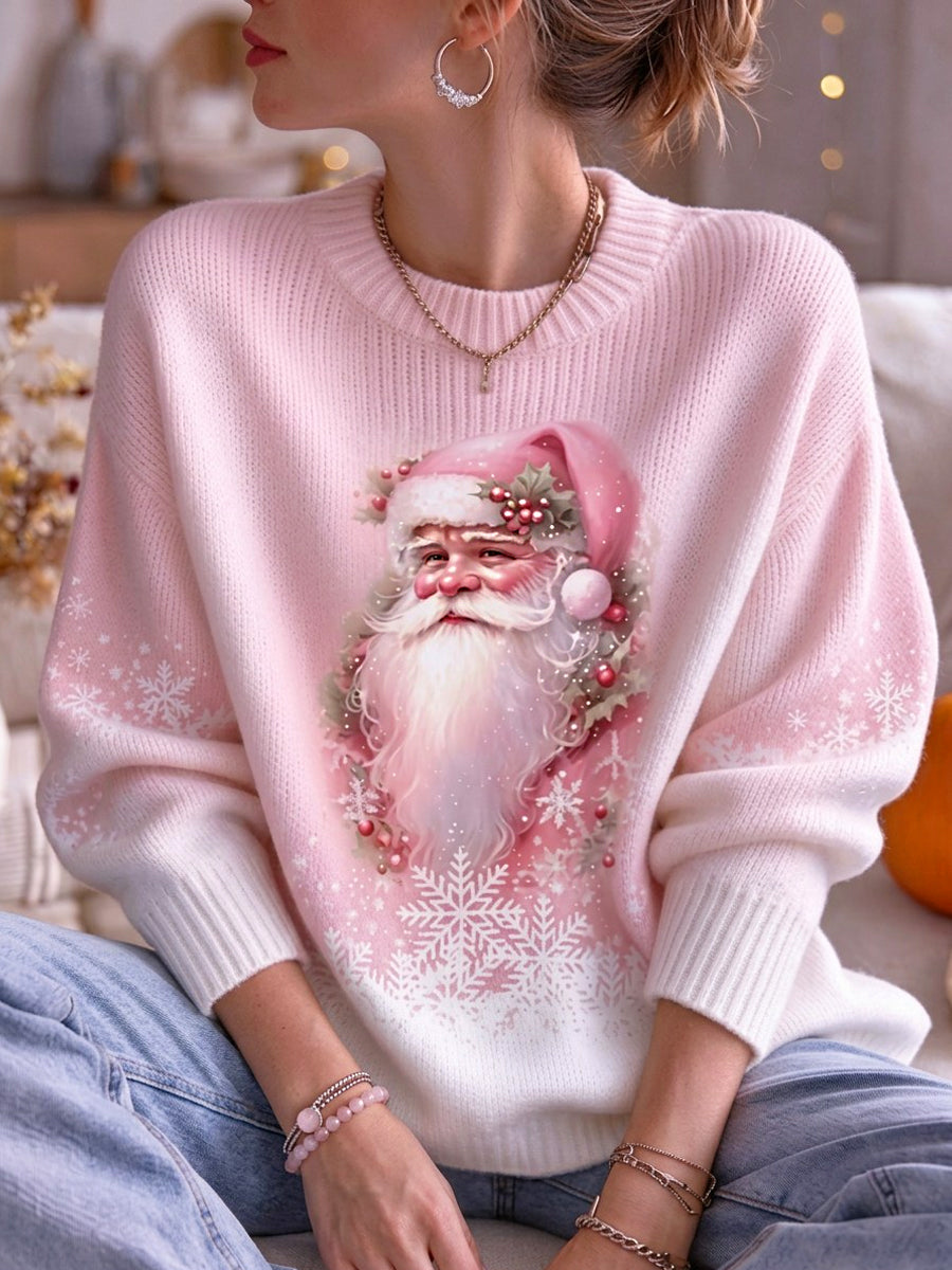 Women's Pink Christmas Santa Claus Print Casual Sweater