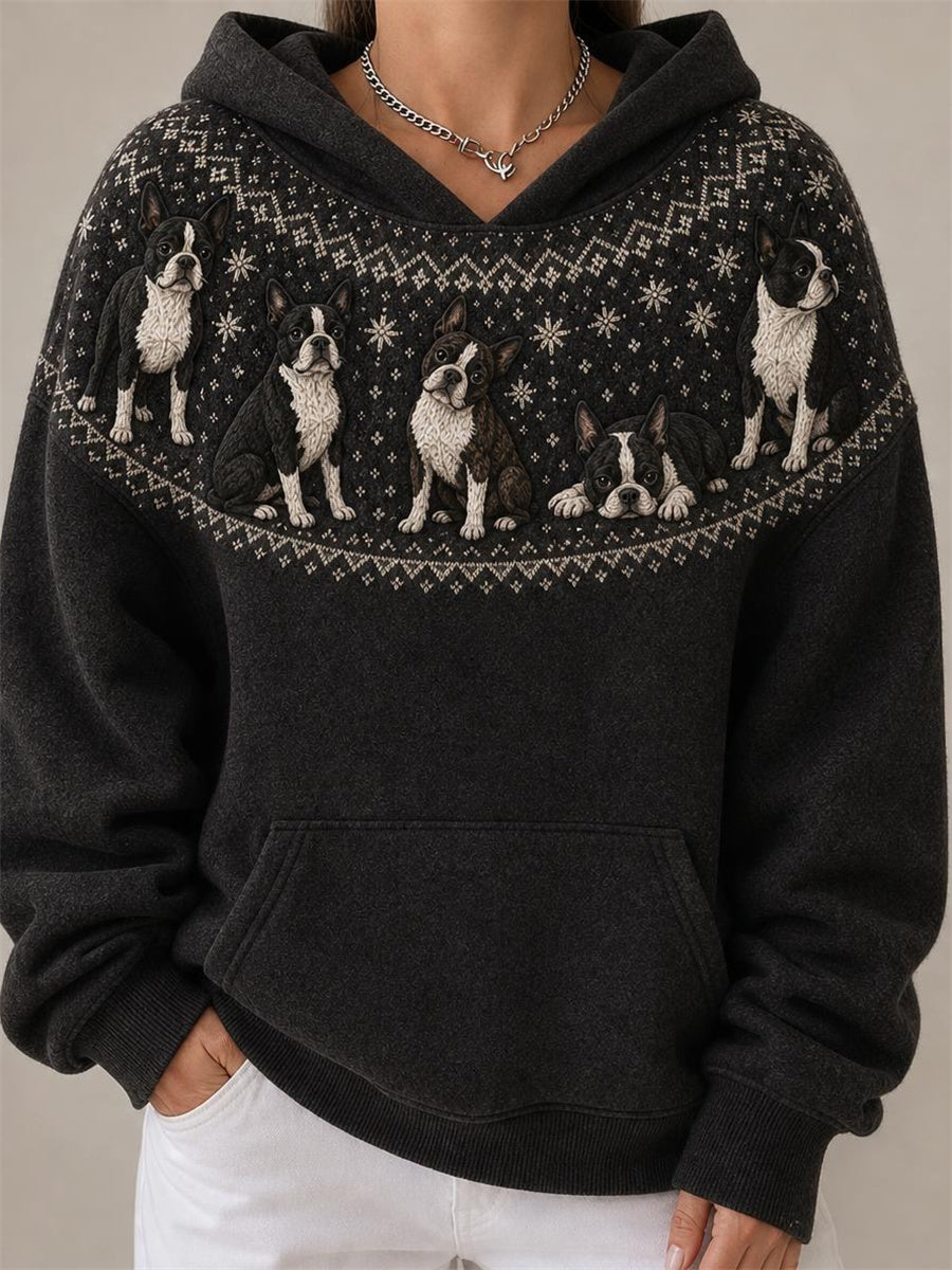 Women's Vintage Boston Terrier Dogs Yoke Isle Pattern Print Cozy Hoodie