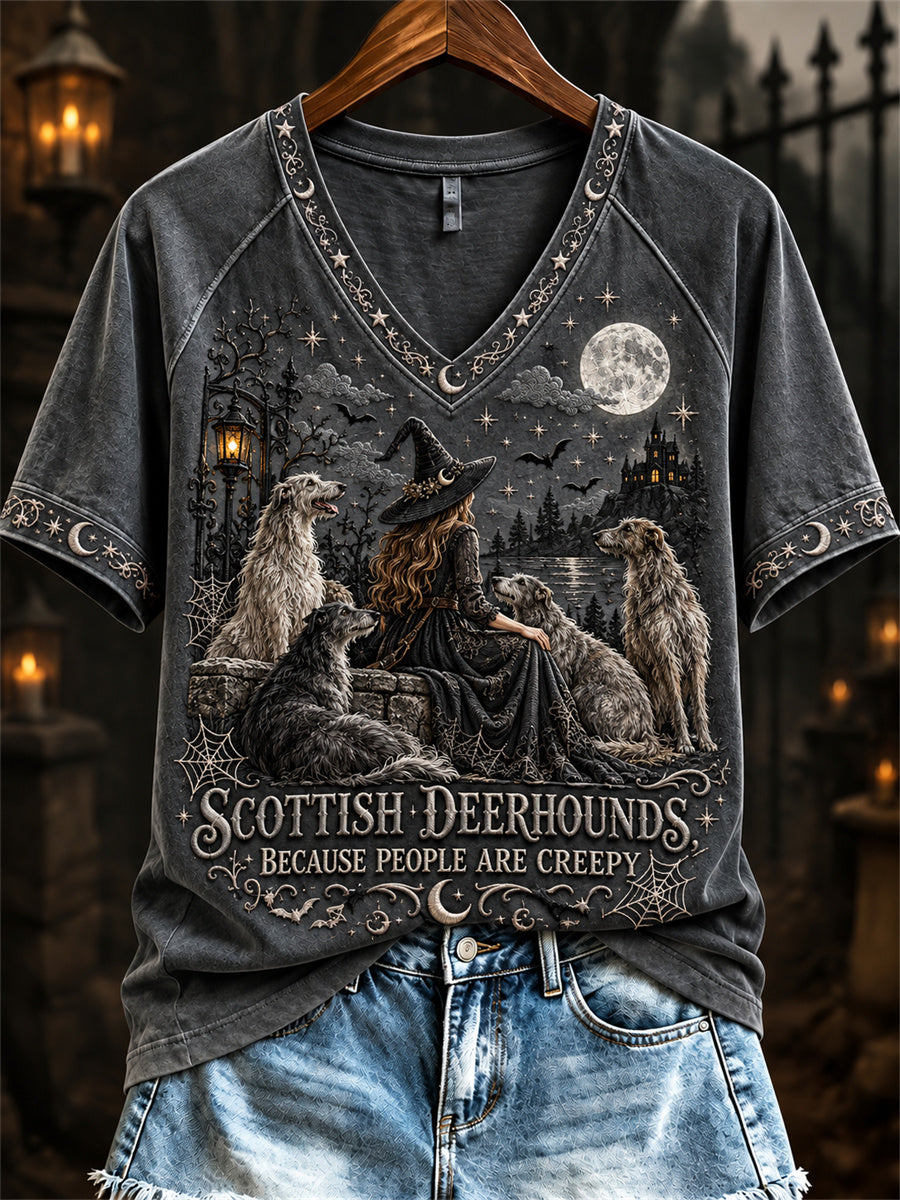 Women's Scottish Deerhounds Because People Are Creepy Halloween Witch & Dogs Print short-sleeved T-shirt