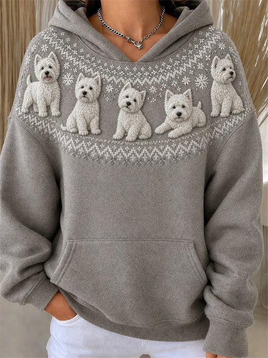 Women's Vintage West Highland White Terrier Dogs Yoke Isle Pattern Print Cozy Hoodie
