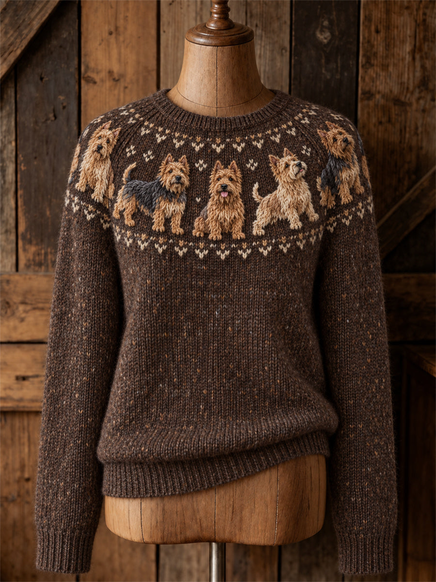 Women's Vintage Australian Terrier Dogs Yoke Isle Print crew neck sweater