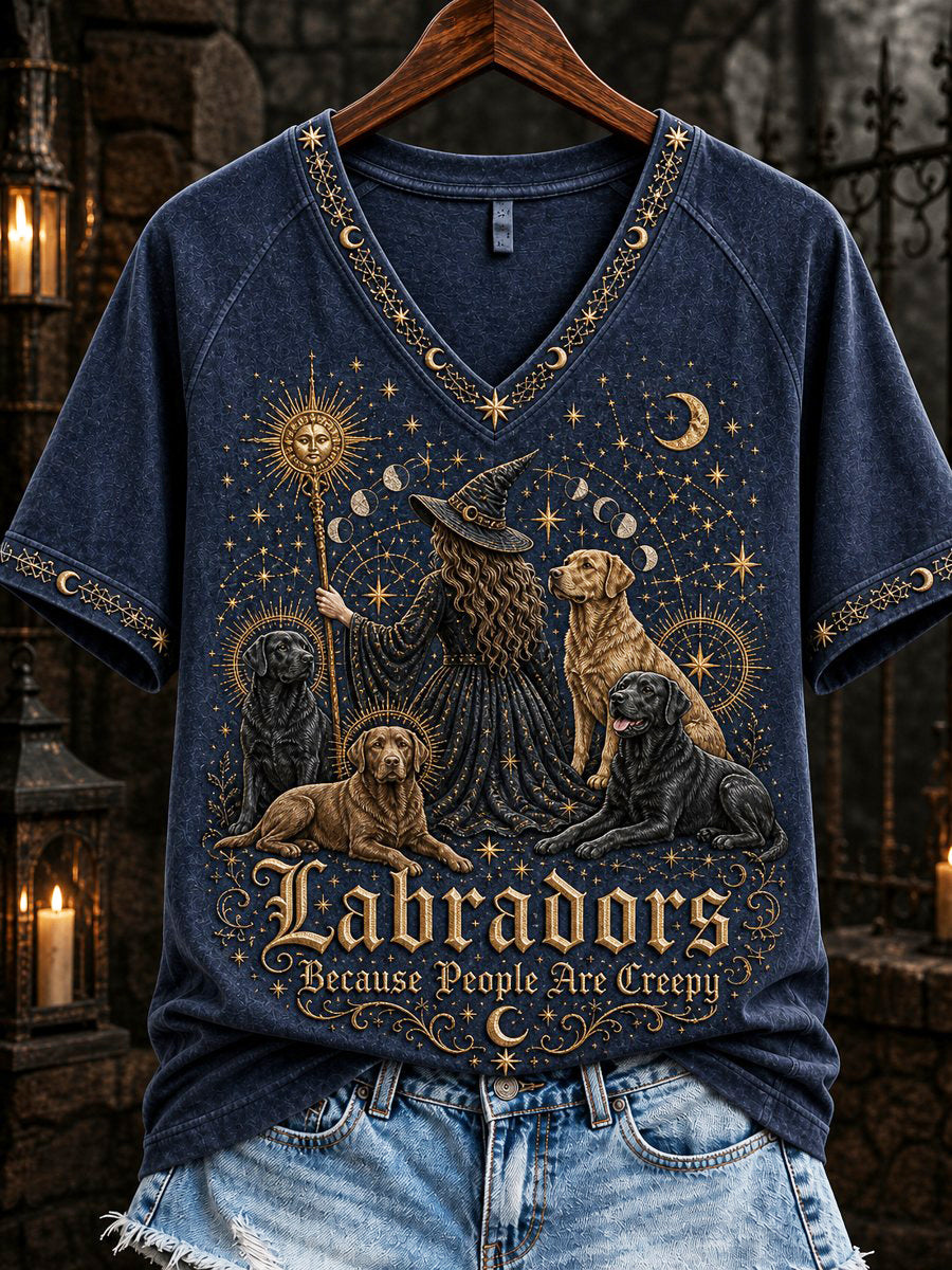 Women's Labradors Because People Are Creepy Celestial Witch & Dogs Print short-sleeved T-shirt