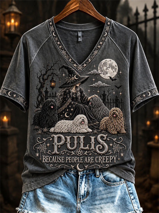 Women's Pulis Because People Are Creepy Halloween Witch & Dogs Print short-sleeved T-shirt