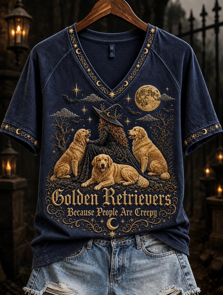 Women's Golden Retrievers Because People Are Creepy Celestial Witch & Dogs Print short-sleeved T-shirt