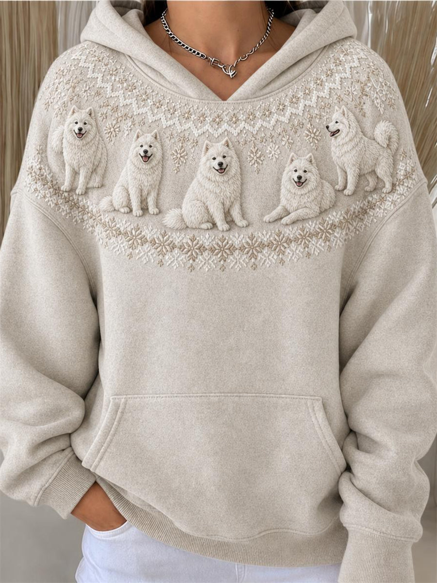 Women's Vintage Samoyed Dogs Yoke Isle Pattern Print Cozy Hoodie