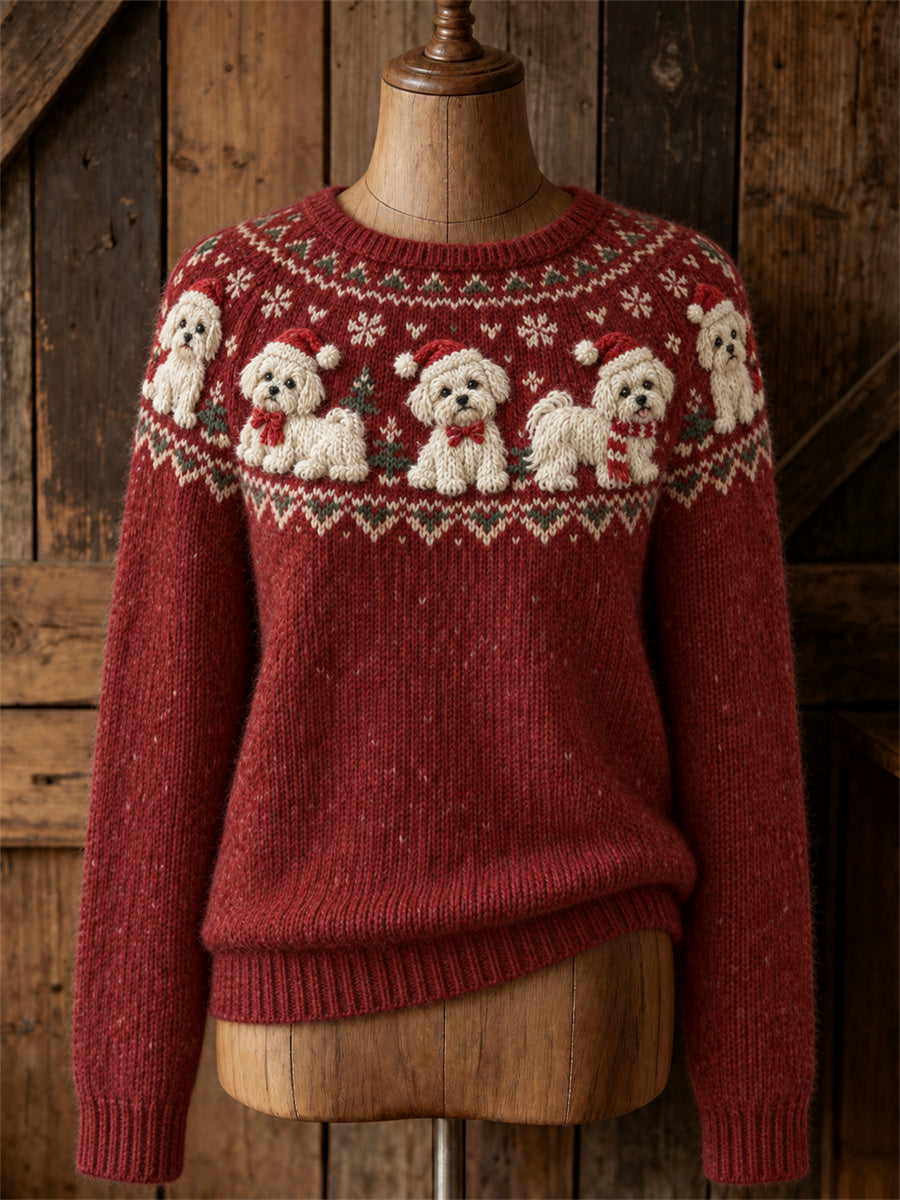 Women's Vintage Christmas Maltese Dogs Yoke Isle Print crew neck sweater