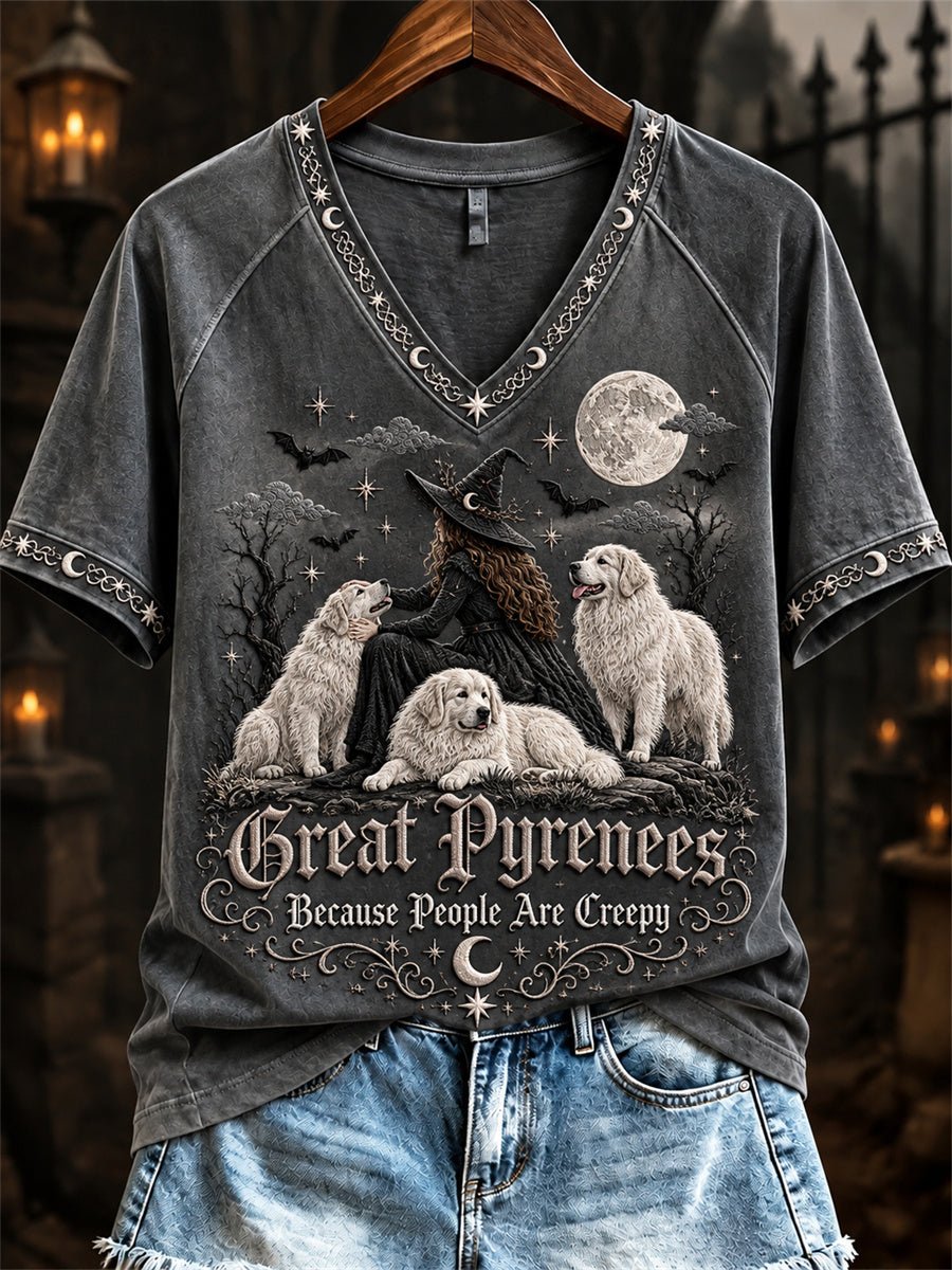 Women's Great Pyrenees Because People Are Creepy Halloween Witch & Dogs Print short-sleeved T-shirt