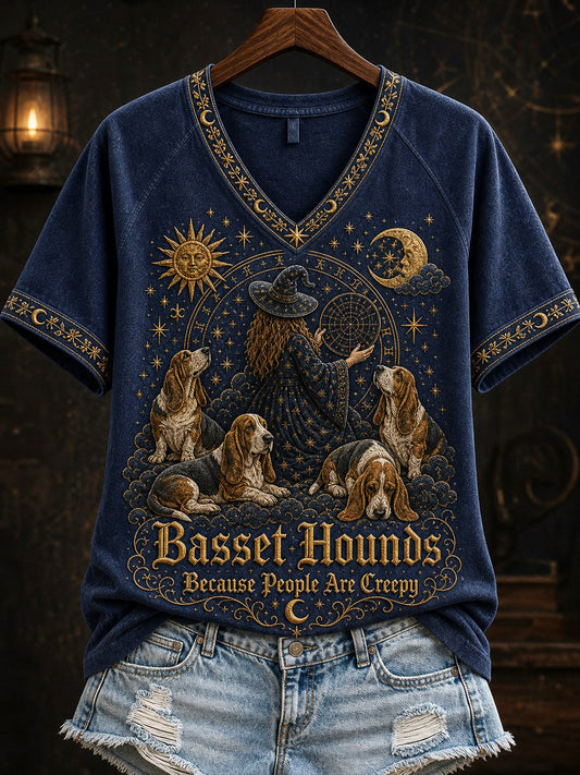 Women's Basset Hounds Because People Are Creepy Celestial Witch & Dogs Print short-sleeved T-shirt