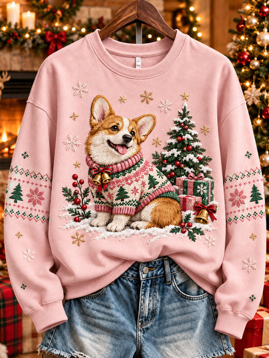 Women's Christmas-themed Corgi dog pattern print casual sweatshirt.