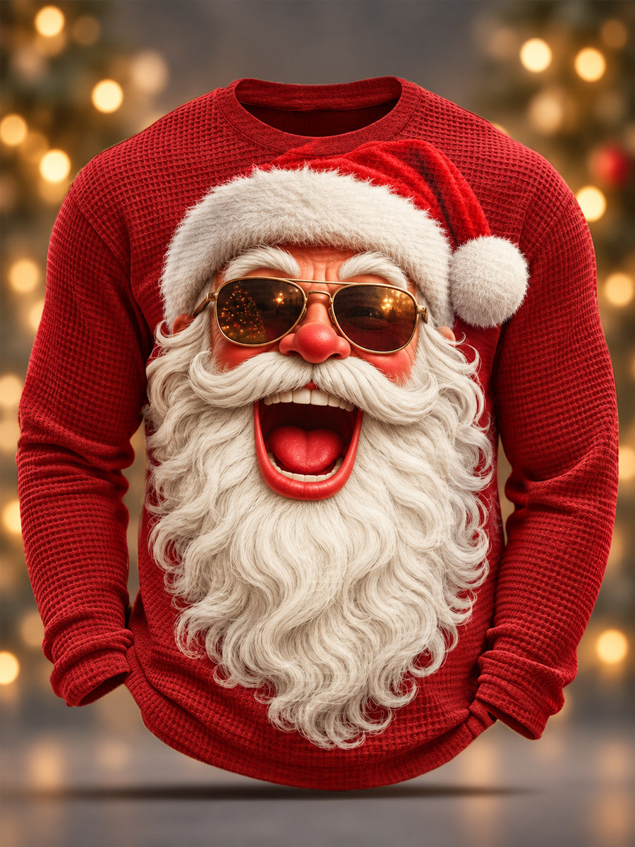 Men's Christmas Santa Claus Print Casual Waffle Long-Sleeve T-Shirt