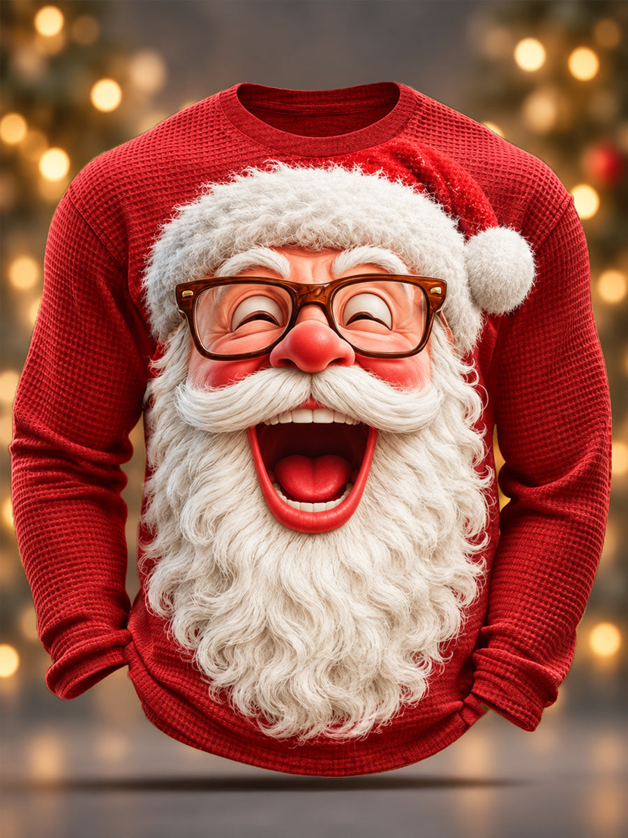 Men's Funny Christmas Santa Claus Print Casual Waffle Long-Sleeve T-Shirt
