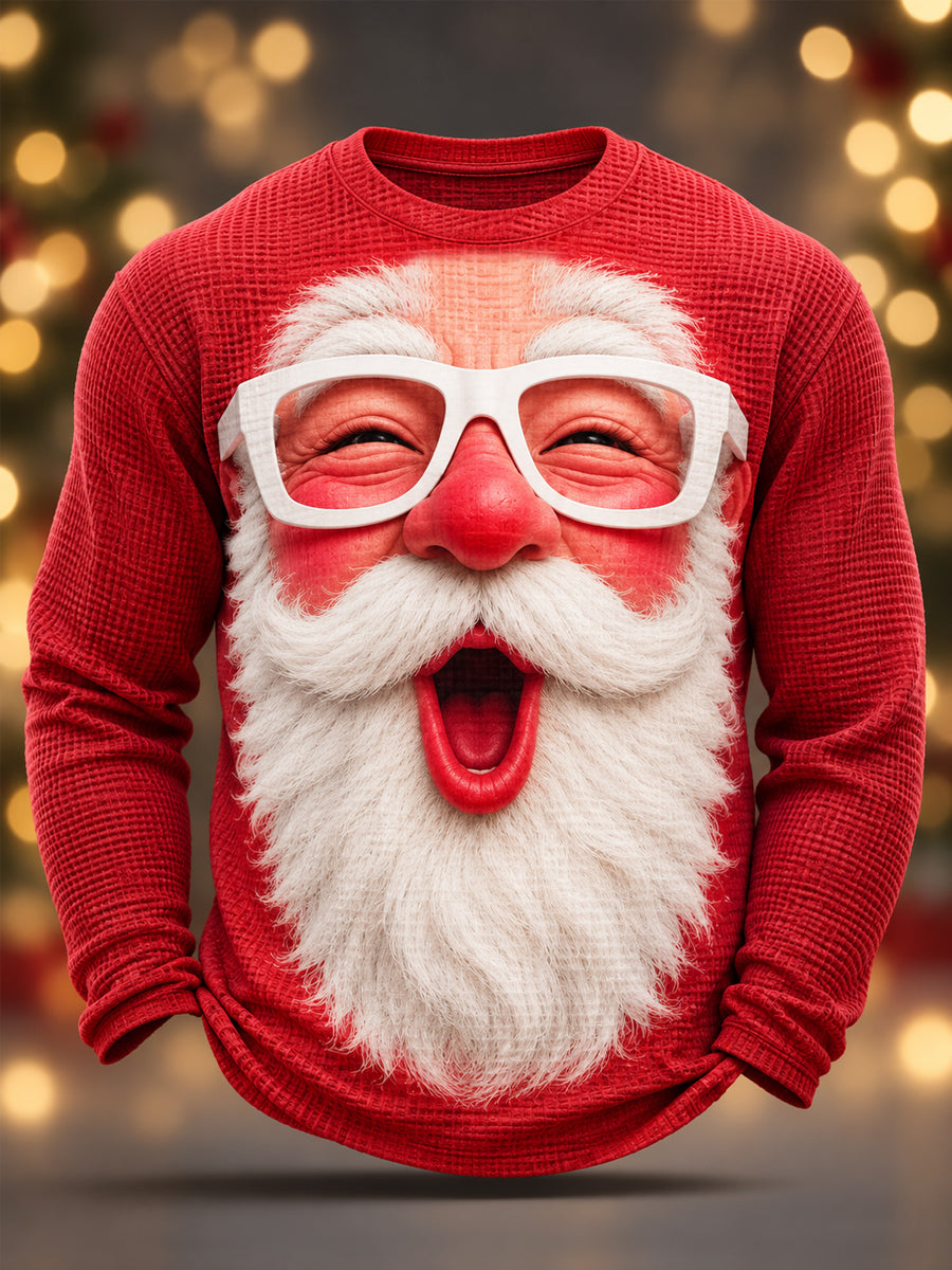 Men's Christmas Santa Claus Print Casual Waffle Long-Sleeve T-Shirt