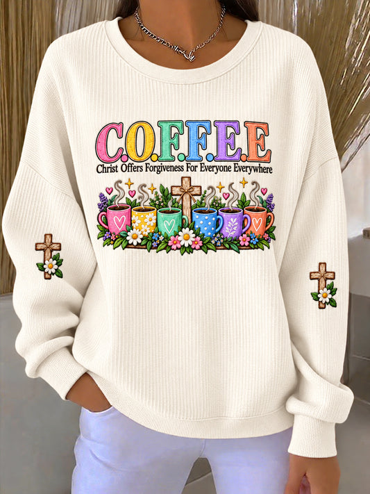 Women's Christian Coffee Christ Offers Forgiveness for Everyone Everywhere Ribbed Round-Neck Sweatshirt