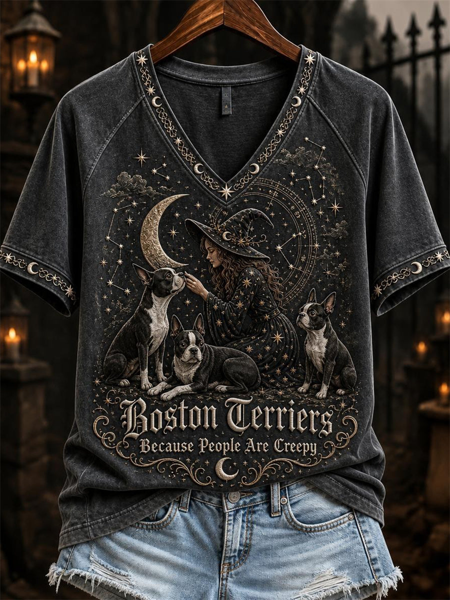 Women's Boston Terriers Because People Are Creepy Celestial Witch & Dogs Print short-sleeved T-shirt
