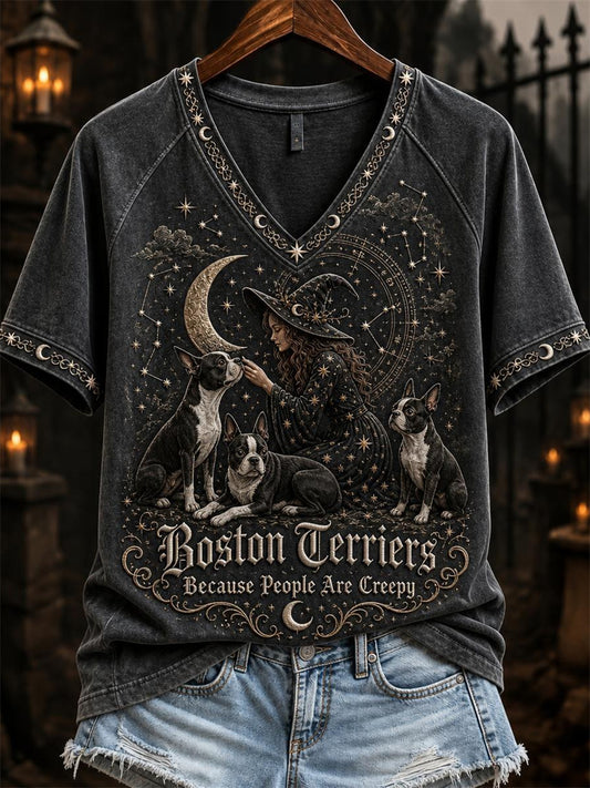 Women's Boston Terriers Because People Are Creepy Celestial Witch & Dogs Print short-sleeved T-shirt